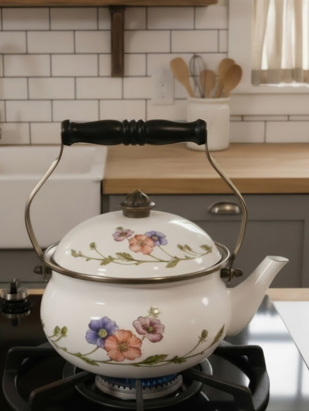 Vintage 1980s Floral Enamel Tea Kettle Stovetop Teapot Wood Handle Cottagecore